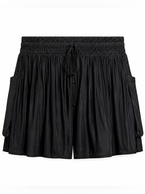 Ramy Brook Black Satin Pleated Pull-On Shorts Elastic Waist Drawstring Pockets L